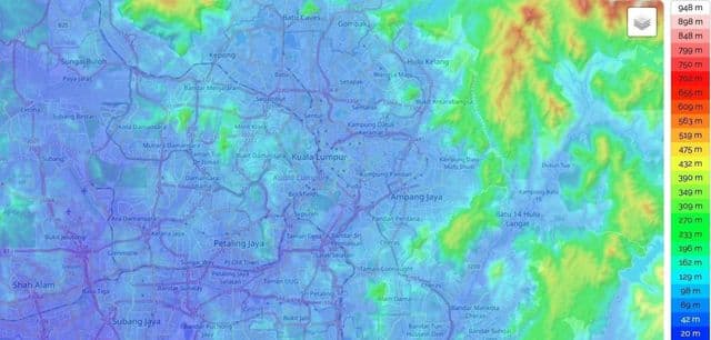 Kuala Lumpur (KL) elevation map
